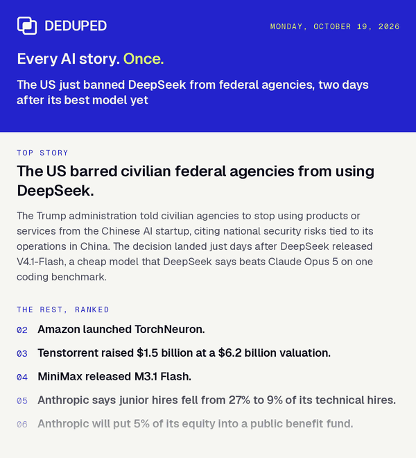 The top of the Deduped email for Monday, October 19, 2026: The US just banned DeepSeek from federal agencies, two days after its best model yet